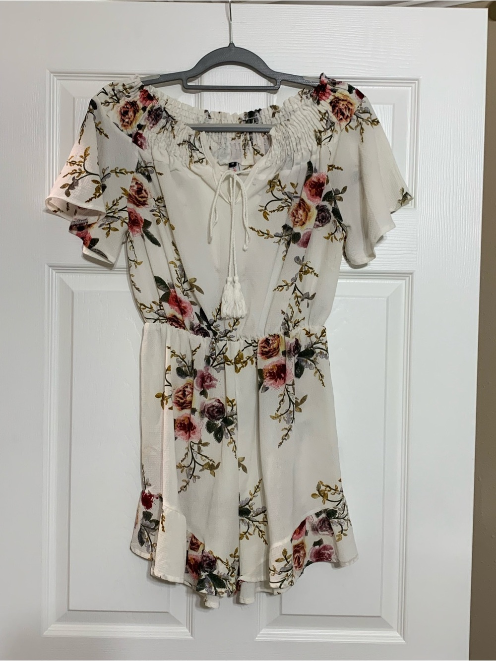 Cream Floral Off-Shoulder Romper with Tie Front
